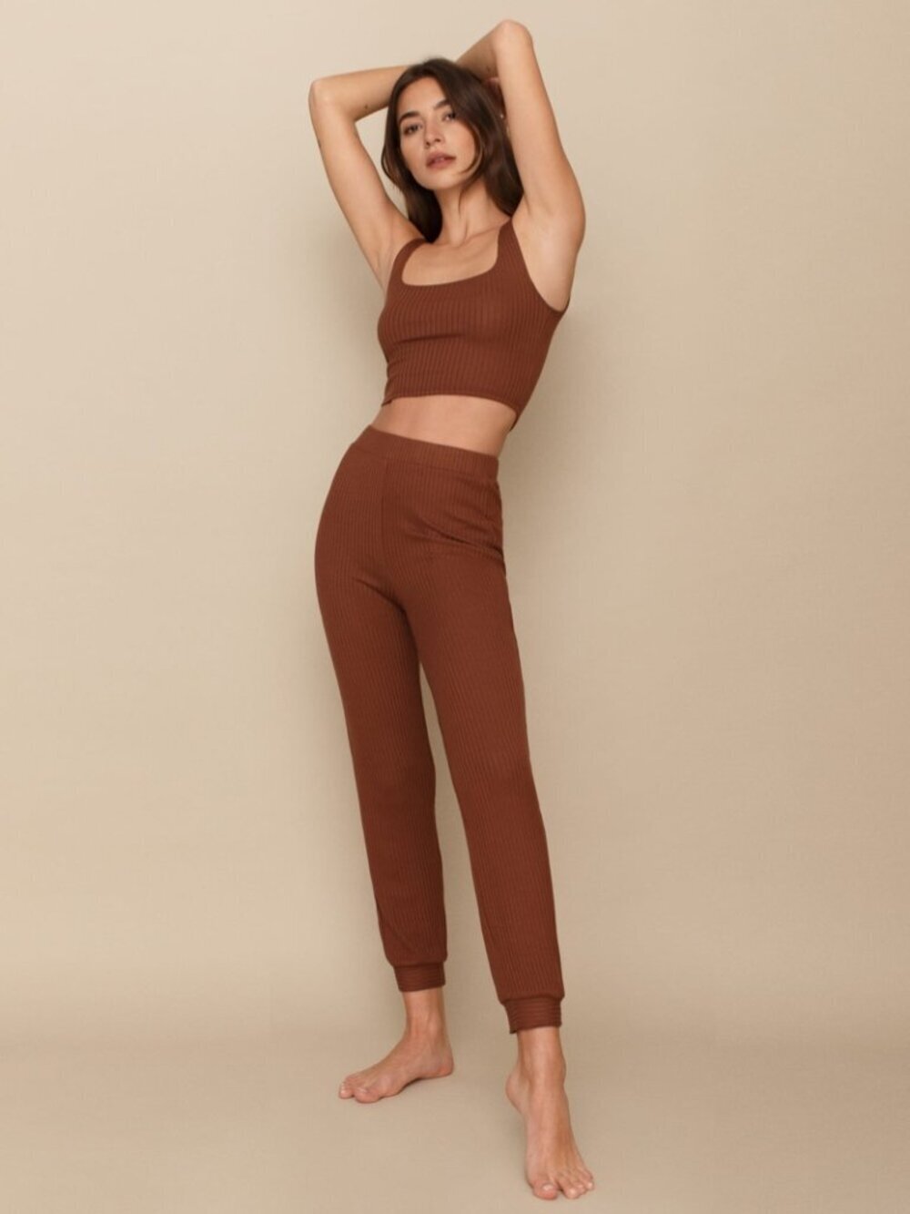 REFORMATION Carmel Brown Ribbed Modal Cropped Tank Jogger Lounge Set, Size XS